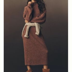 By Anthropologie Long-Sleeve Turtleneck Belted Sweater Midi Dress Pink Mauve